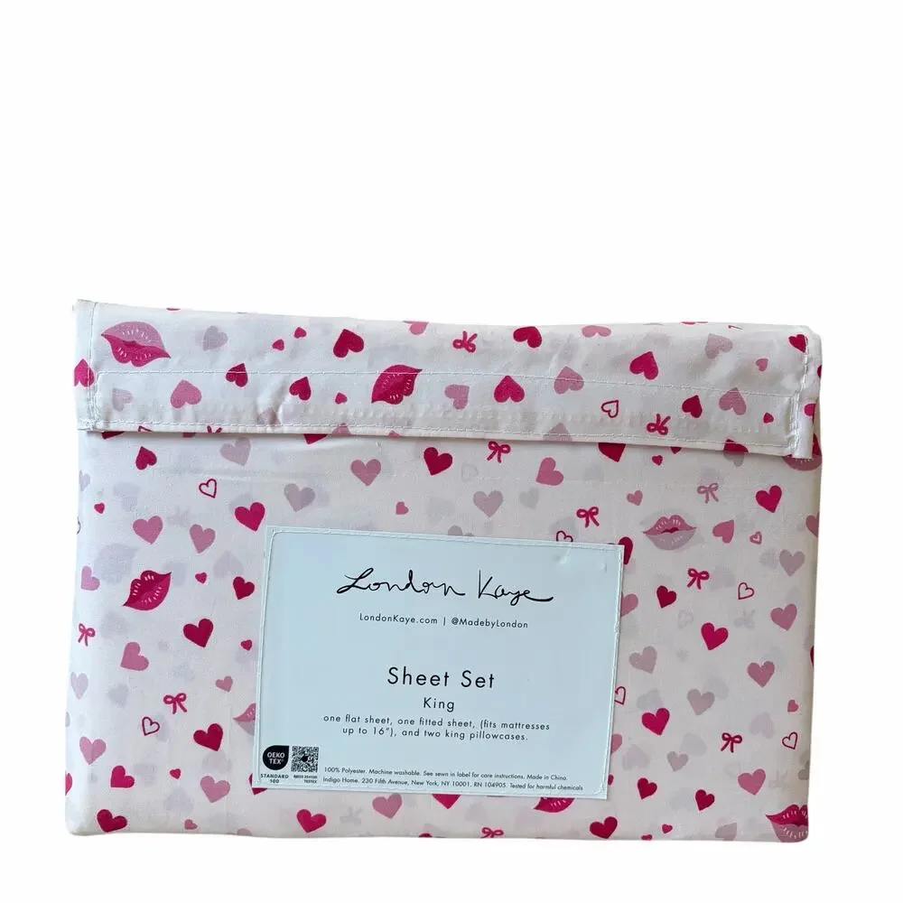 London Kaye Valentines Day KING Sheet Set 4pc Pink & Red Lips Hearts Bows XO NEW
